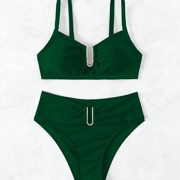Dark Green Women's U-Shaped Ring Design Sexy Bikini Set - Picture 6 of 8